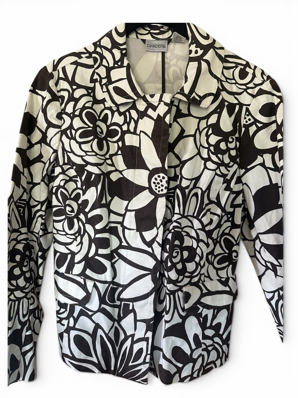 Chico's Size 1 Brown White Abstract Floral Jacket Blazer. Beautiful